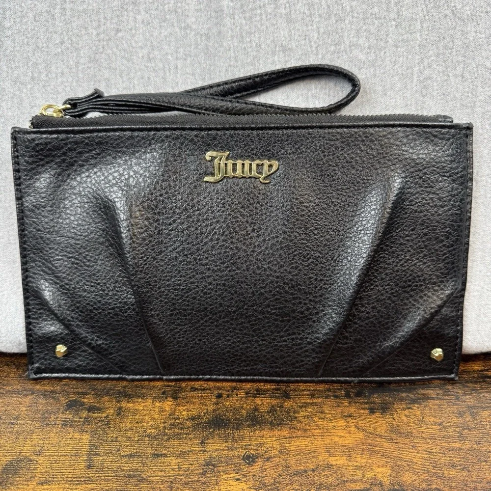 Juicy‎ Couture Logo Zip Lined Clutch Wristlet Wallet Black Clean PreOwned